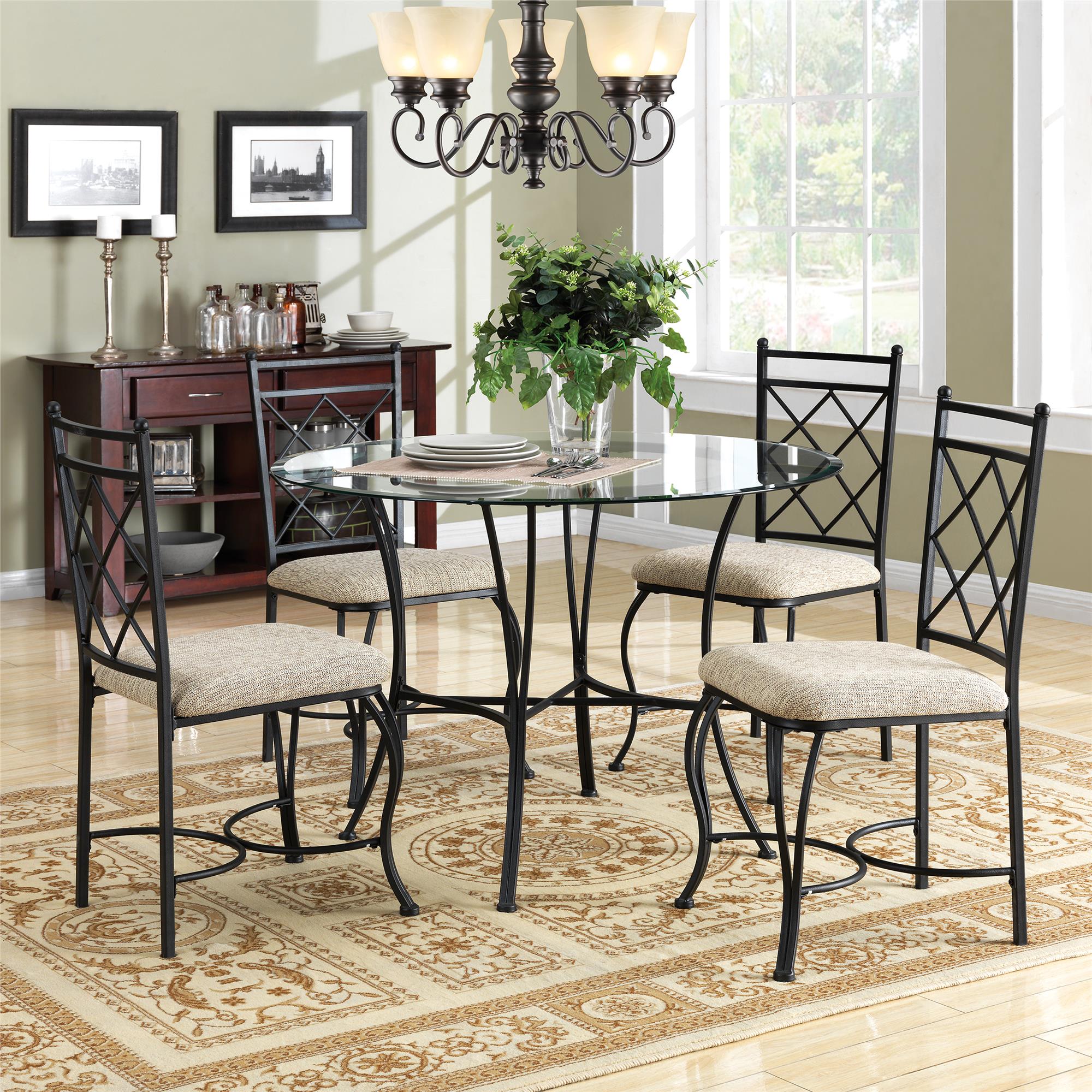 DHP Traditional 5-Piece Metal Dining Set, Glass Top Round Table and 4 Upholstered Seat Chairs - image 2 of 12