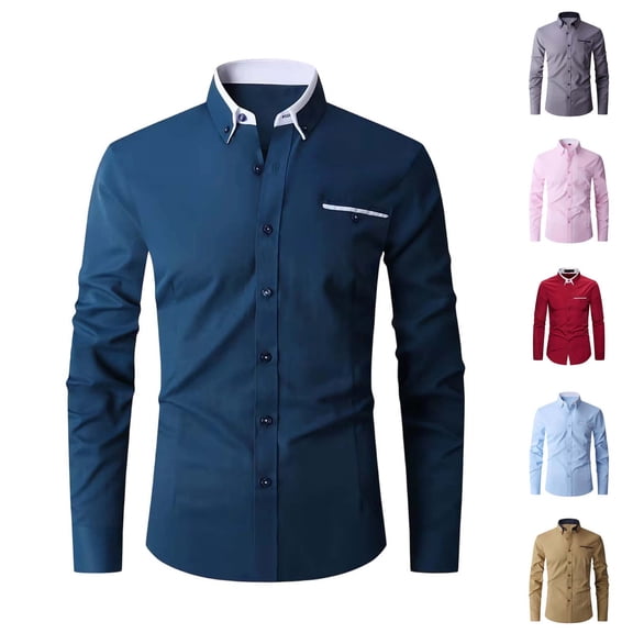 WIZUTIZ Mens Dress Shirts Long Sleeve - Wrinkle Free Stretch Shirt Colorblock Formal Business Casual Pocket T-Shirt Button Down