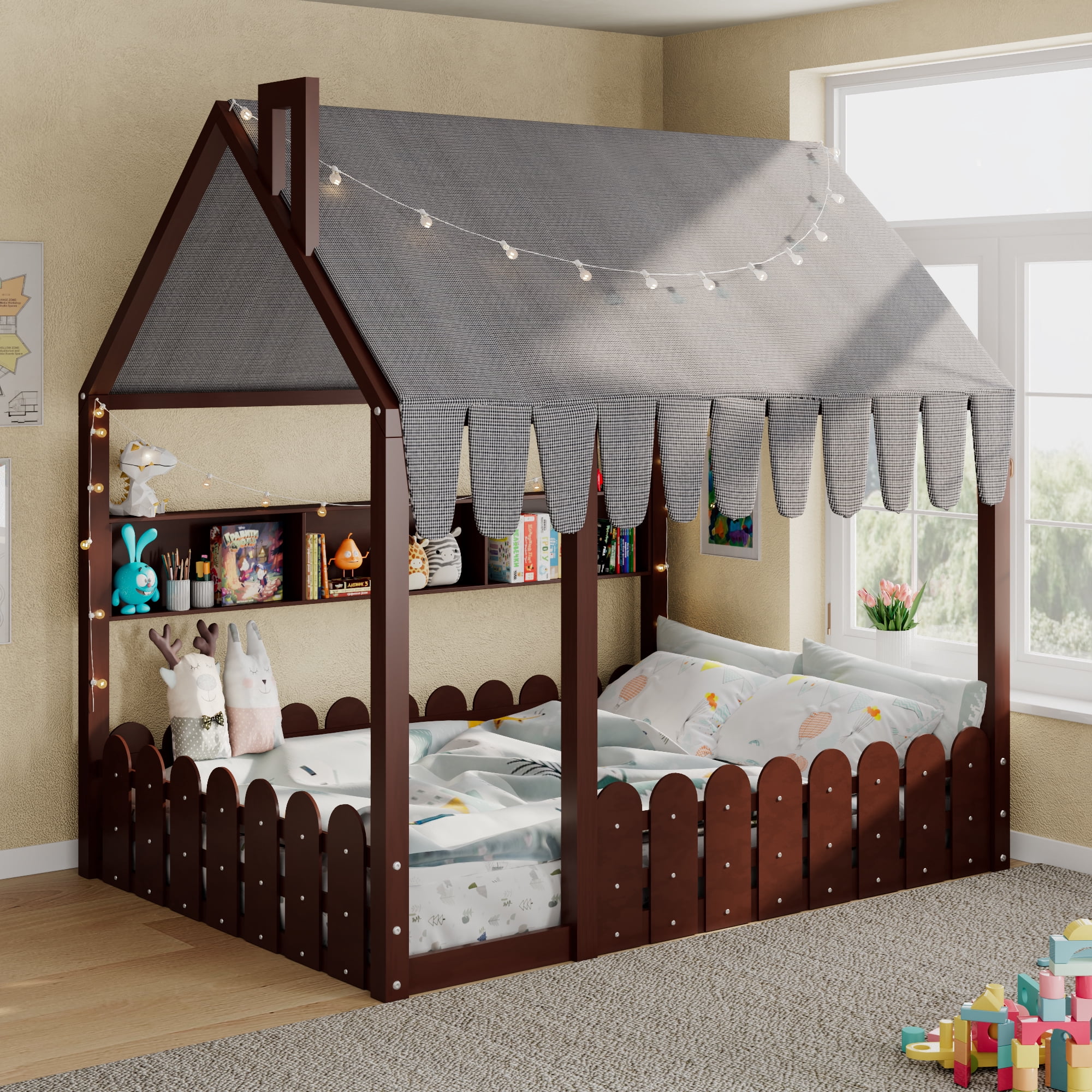 Sailvan Full Size Montessori House Bed for Kids, Floor Bed with Fence Railings, Slats not included