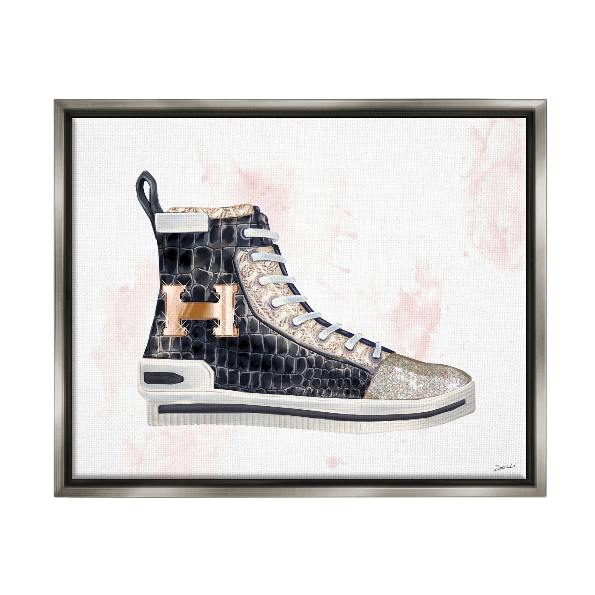 Stupell Industries Glam Snake Embossed Sneaker Illustration Fashion Forward Luster Gray Framed Floating Canvas Wall Art, 24x30, by Ziwei Li