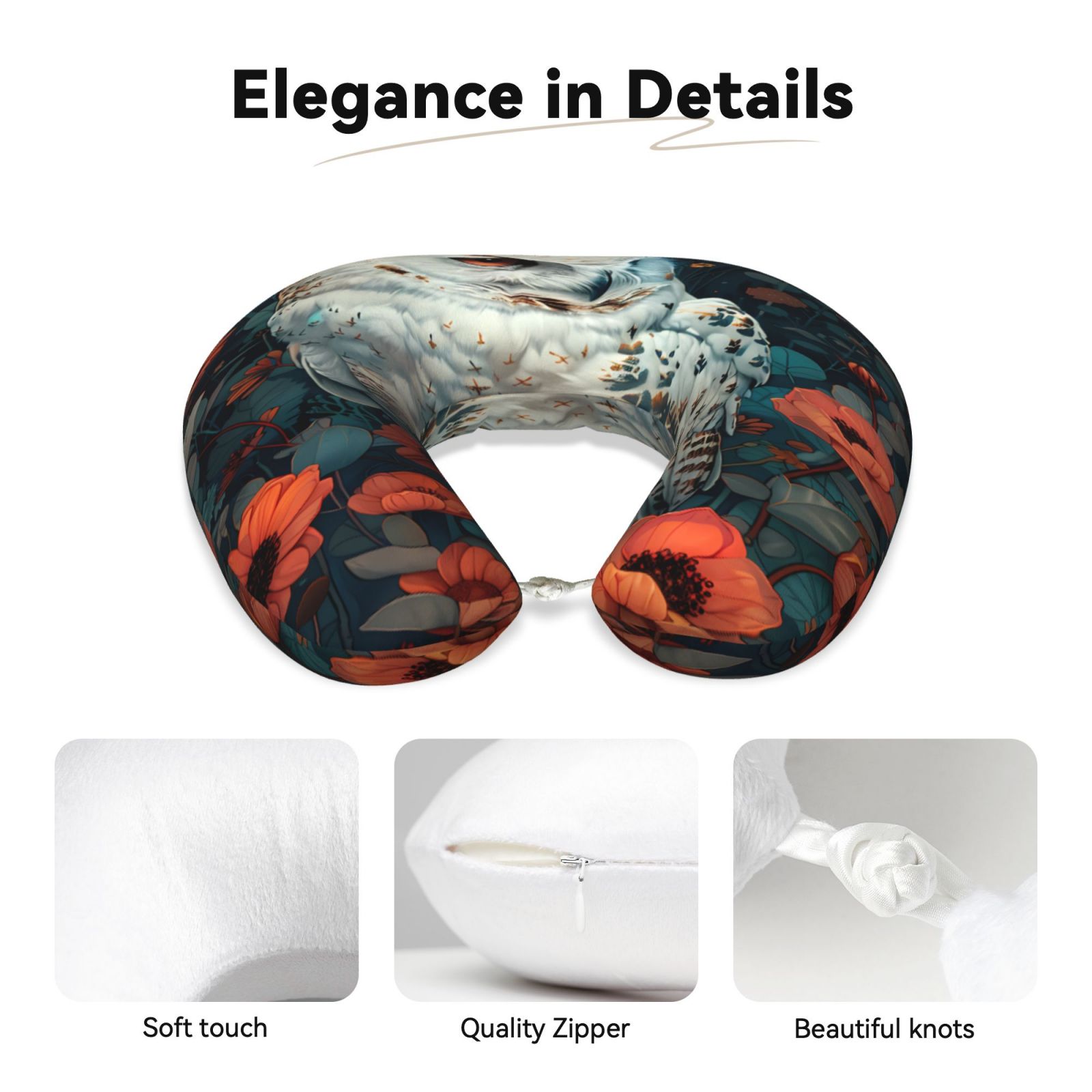 Xecao Moon Flower White Owl Print Memory Foam Cervical Neck Pillow Versatile U-Shaped Pillows for Home,Office,Camping,Travelling,Soft Washable Cover