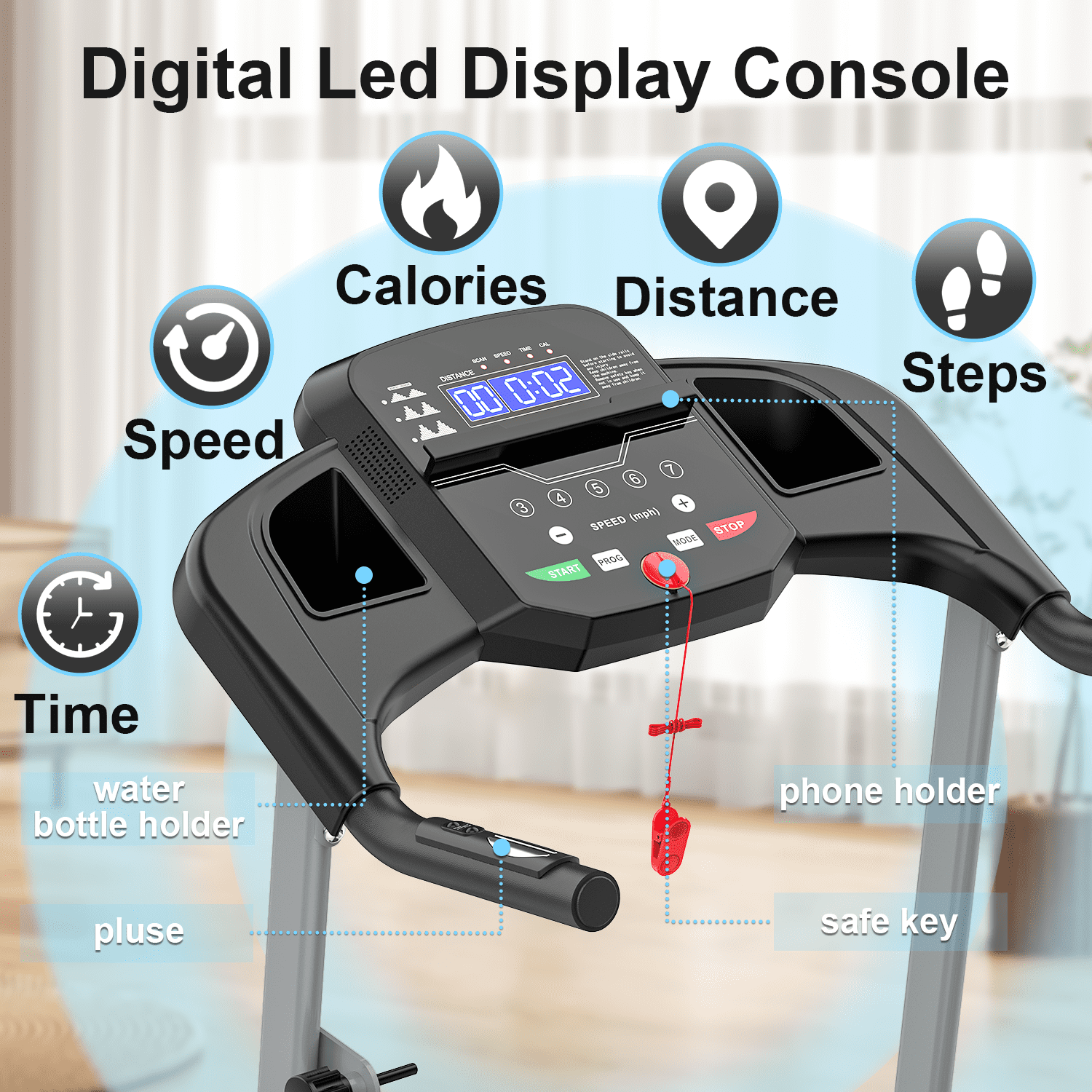 OBENSKY Foldable Electric Treadmill for Home, 2.5HP Quiet Portable Folding Small Treadmill, 7.5 MPH, LED Display, Heart Rate Senso