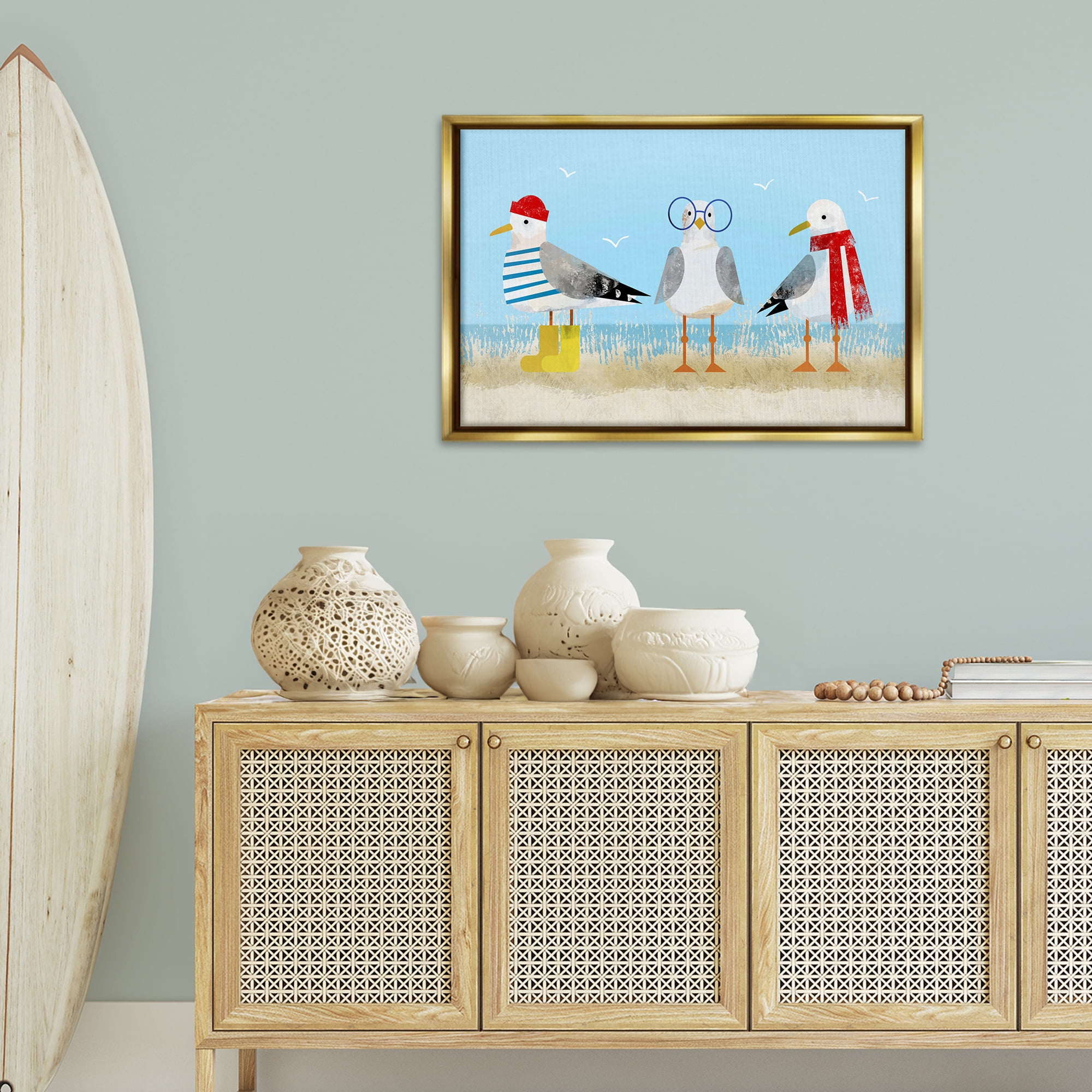 Stupell Industries Seagulls in Winter Clothes Animals Painting Gold Floater Framed Canvas Art Print Wall Art, 31 x 21