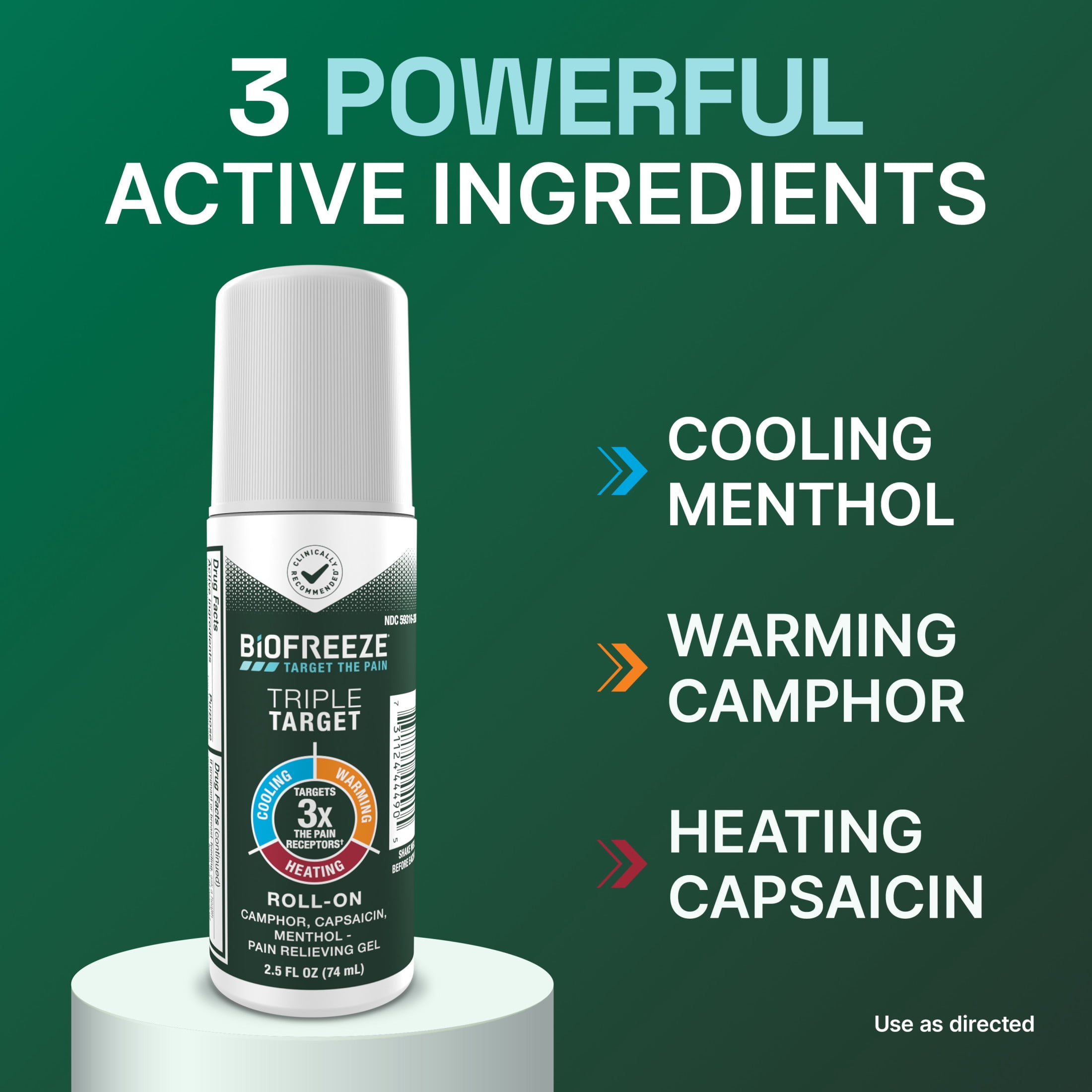 Biofreeze Triple Target Muscle & Arthritis Pain Relief Roll‑On with Menthol, Camphor & Capsaicin, 2.5 fl oz
