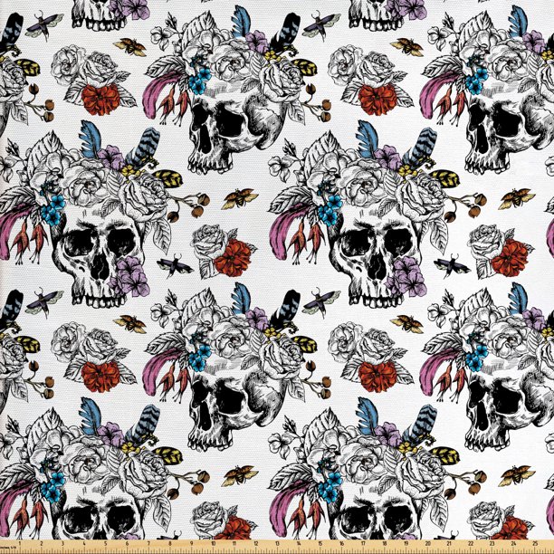 Gothic Fabric by The Yard, Day of the Dead Inspired Human Skulls Design
