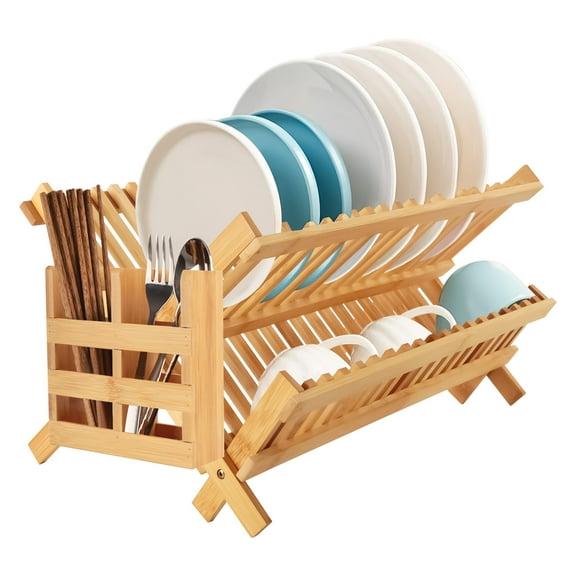 Bamboo Drying Rack for Dishes, 2 Tier Wooden Collapsible Dish Rack, Large Drain Rack for Kitchen Countertops, Drying Rack Counter, Apartment Essential Plate Rack Organizer