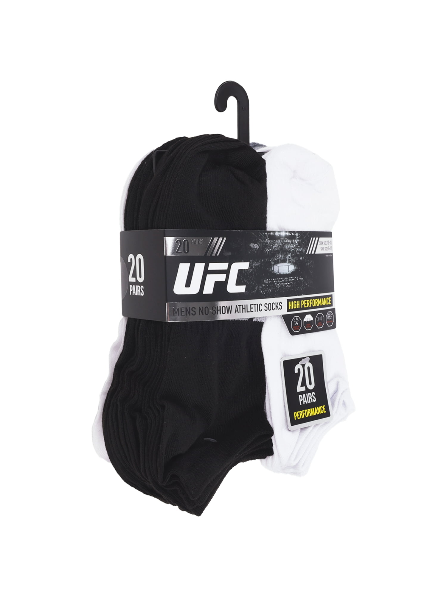 UFC 20 Pair Men's Lightweight No Show Socks with Arch Logo, Blk/Wht/Grey