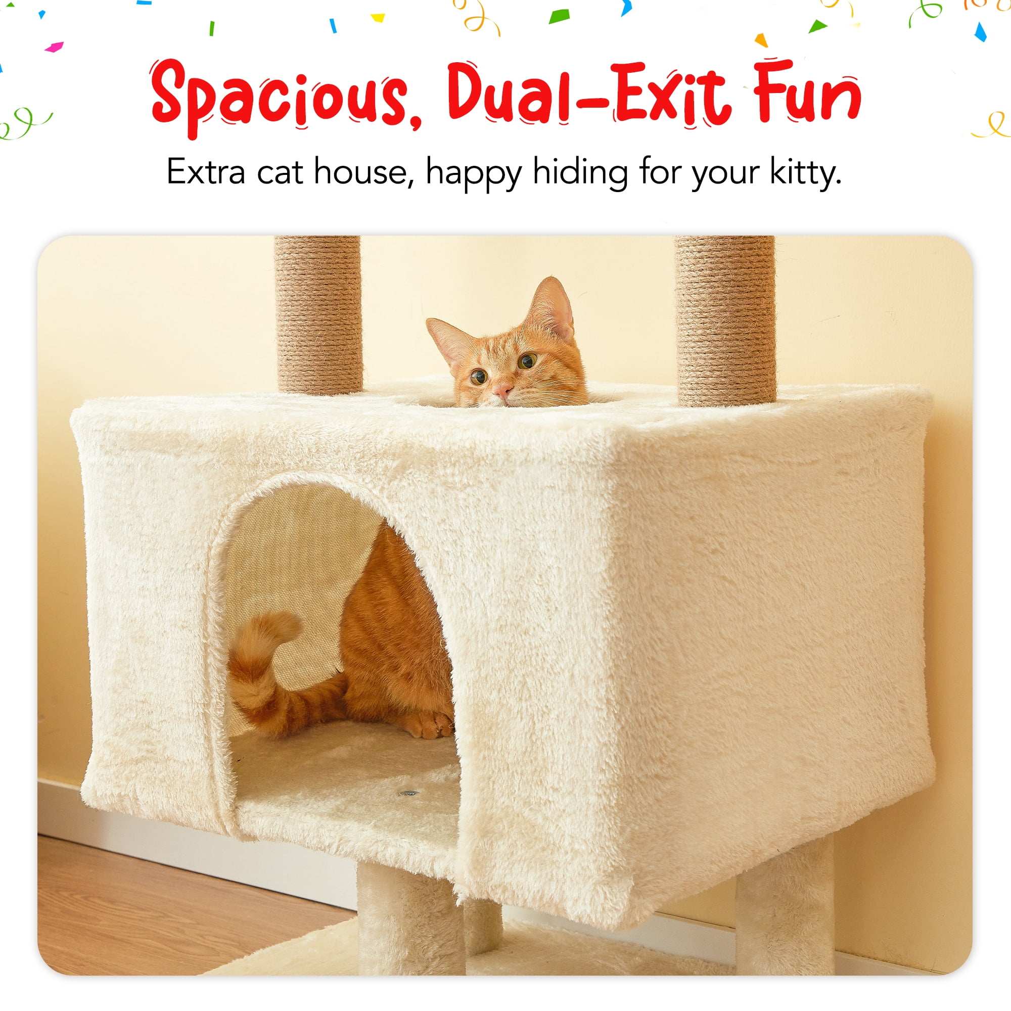 Furcato Cat Tree, Floor to Ceiling Cat Tower Adjustable Height [92.9-102.4 in=235-258cm], 7 Tiers Cat Climbing Play House with Fully Sisal Scratching Post, Beige