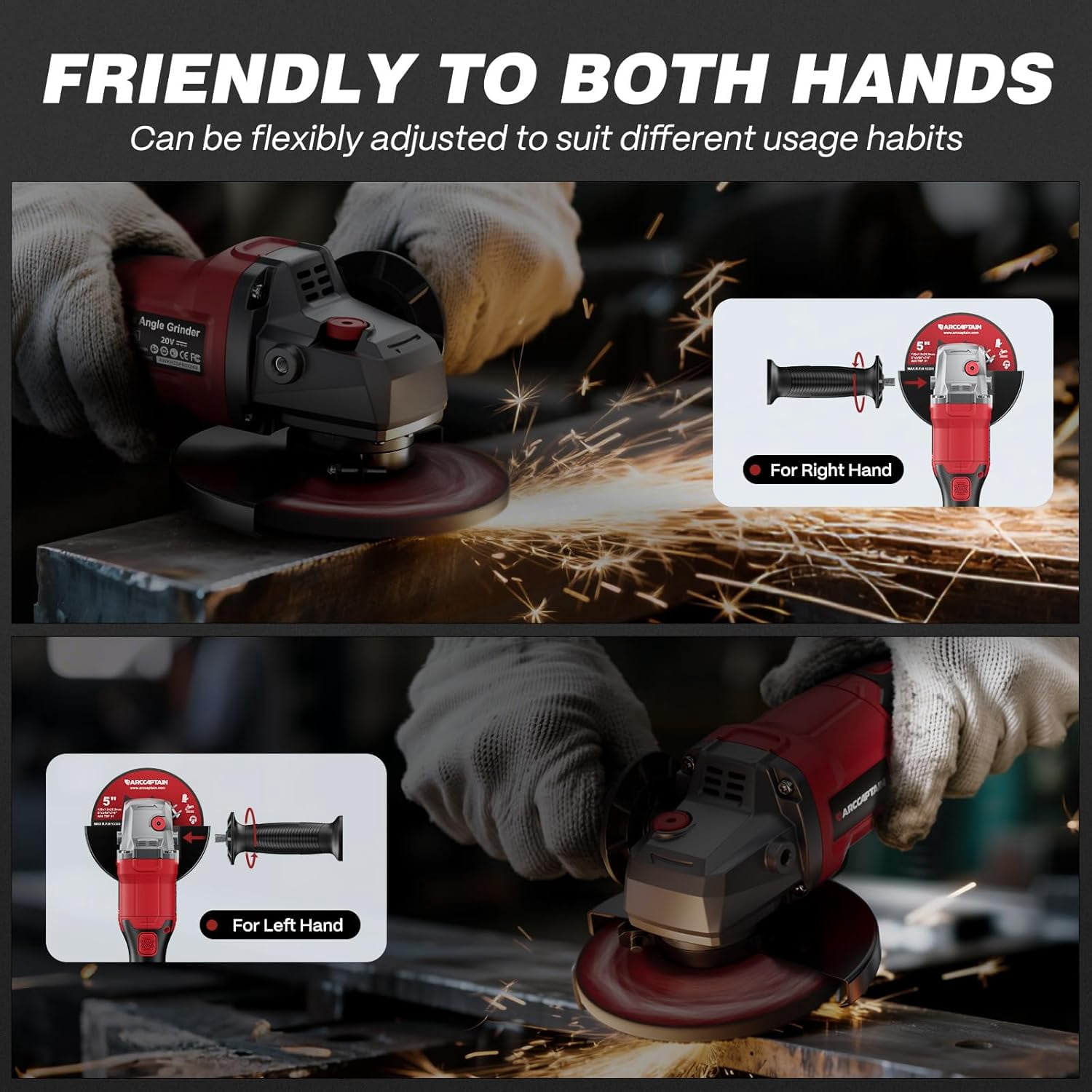 ARCCAPTAIN Angle Grinder Kit, 4-1/2" to 5", Paddle Switch, 9500RPM 1200W Brushless Motor, Cordless with 2PCS 4.0Ah Batteries, 180° Rotatable, 3-Speed, for Cutting/Grinding/Polishing