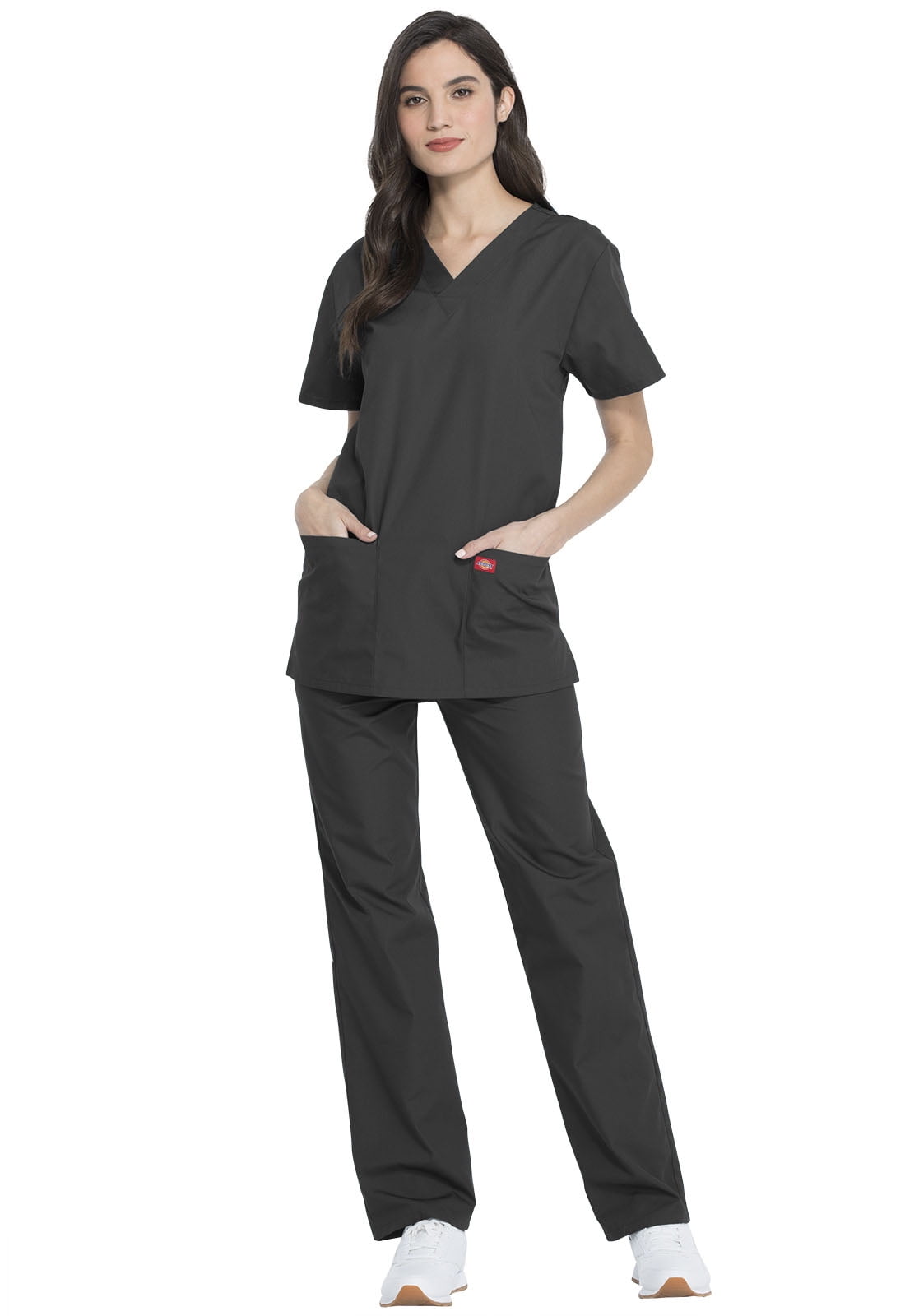 Dickies Unisex Black Scrub Set Medical V-Neck Top Drawstring Pants Size XS to XL 