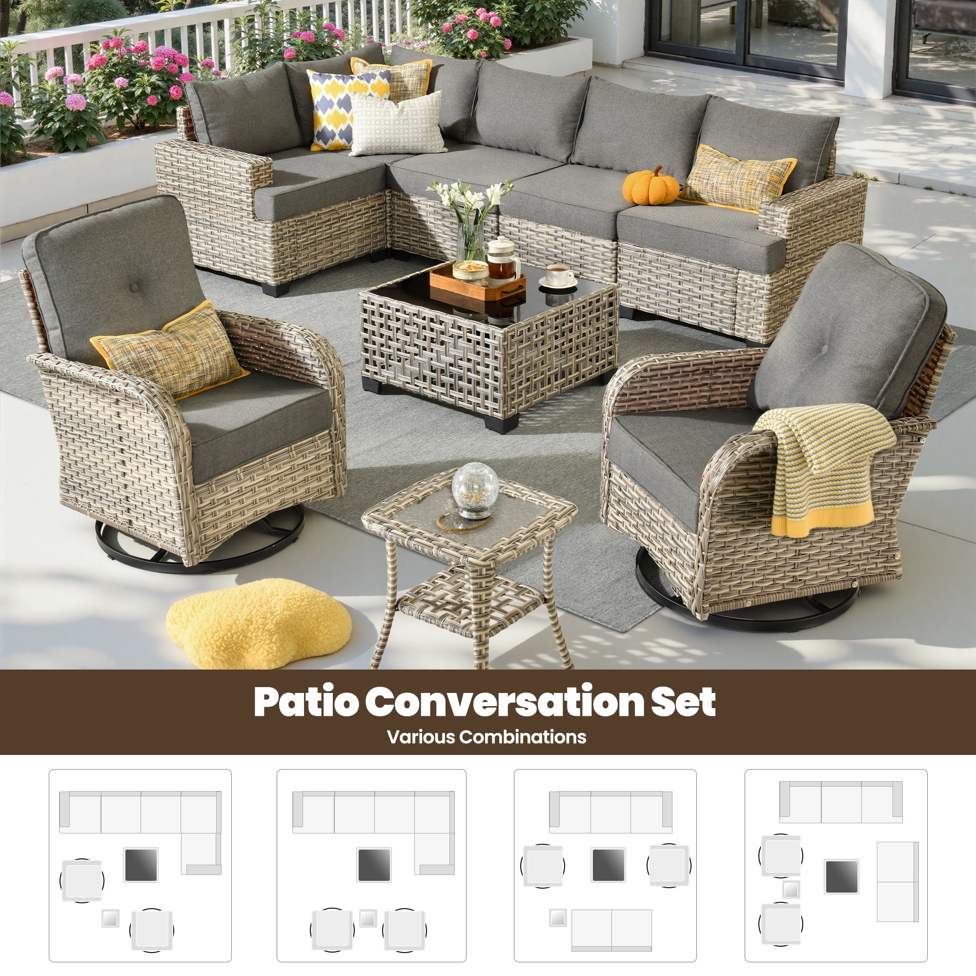 Toject 9 Pieces Patio Furniture Set Outside Furniture Wicker Patio Conversation Set with Swivel Chairs, Outdoor Furniture for Garden, Dark Gray