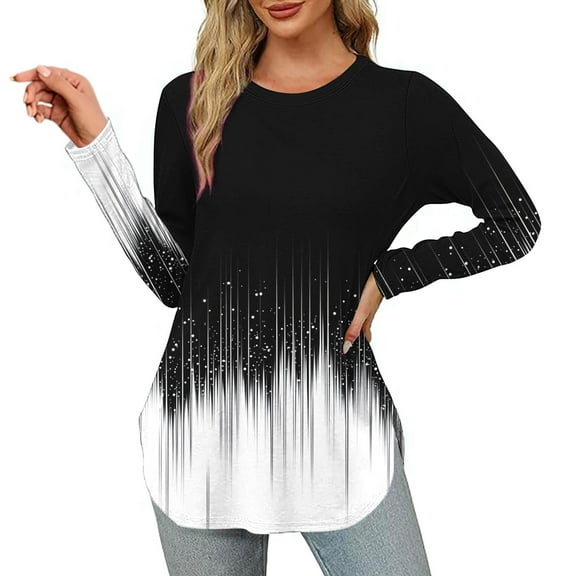 Craaazy Womens Tops Long Sleeve Crew Neck Blouses Pleated Casual Shirts Curved Hem Tunic T-shirt Gifts For Women