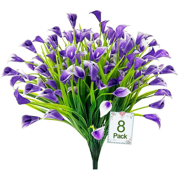 Morttic 8 Bundles Artificial Calla Lily Flowers for Outdoors, UV Resistant Faux Fake Plants Plastic Summer Flower Indoor Outside Hanging Planter Home Garden Porch Decor Purple