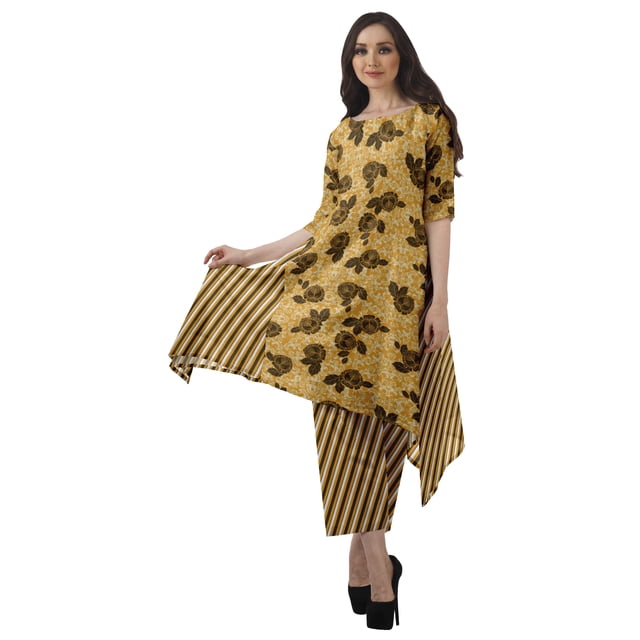 Moomaya Ensemble Kurti Kurta Pantalon pour Femmes Col Bateau Imprimé Robe 2 Pcs Tenue Ethnique