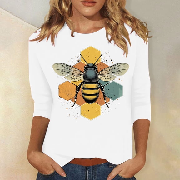 Bee Print Tops for Women T Shirt 3/4 Sleeves Women Cotton Womens Summer Shirts Boho Womens Summer Tee Oversized Top my items