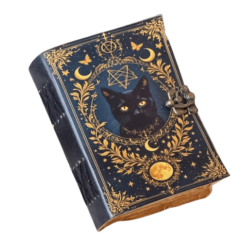Handmade Leather Journal with Mystical Black Cat Design – 5x7 inch Vintage Notebook, 200 Handmade Paper Pages, Metal Clasp, Witchy Moon & Stars Artwork