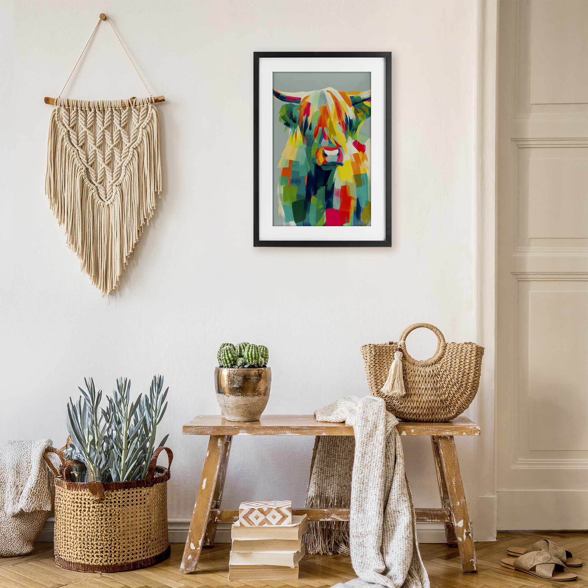 Stupell Industries Highland Cow Abstract Patchwork Black Framed Print Under Glass, design by Chromatic Storm Studio