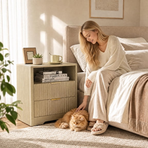 Purfeel Home Nightstand with Charging Station Wood Bedside Table with Night Light Storage Cabinet for Bedroom Living Room