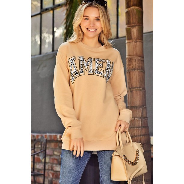 ABPHQTO Sudadera de mujer color caqui con estampado de letras de leopardo AMEN
