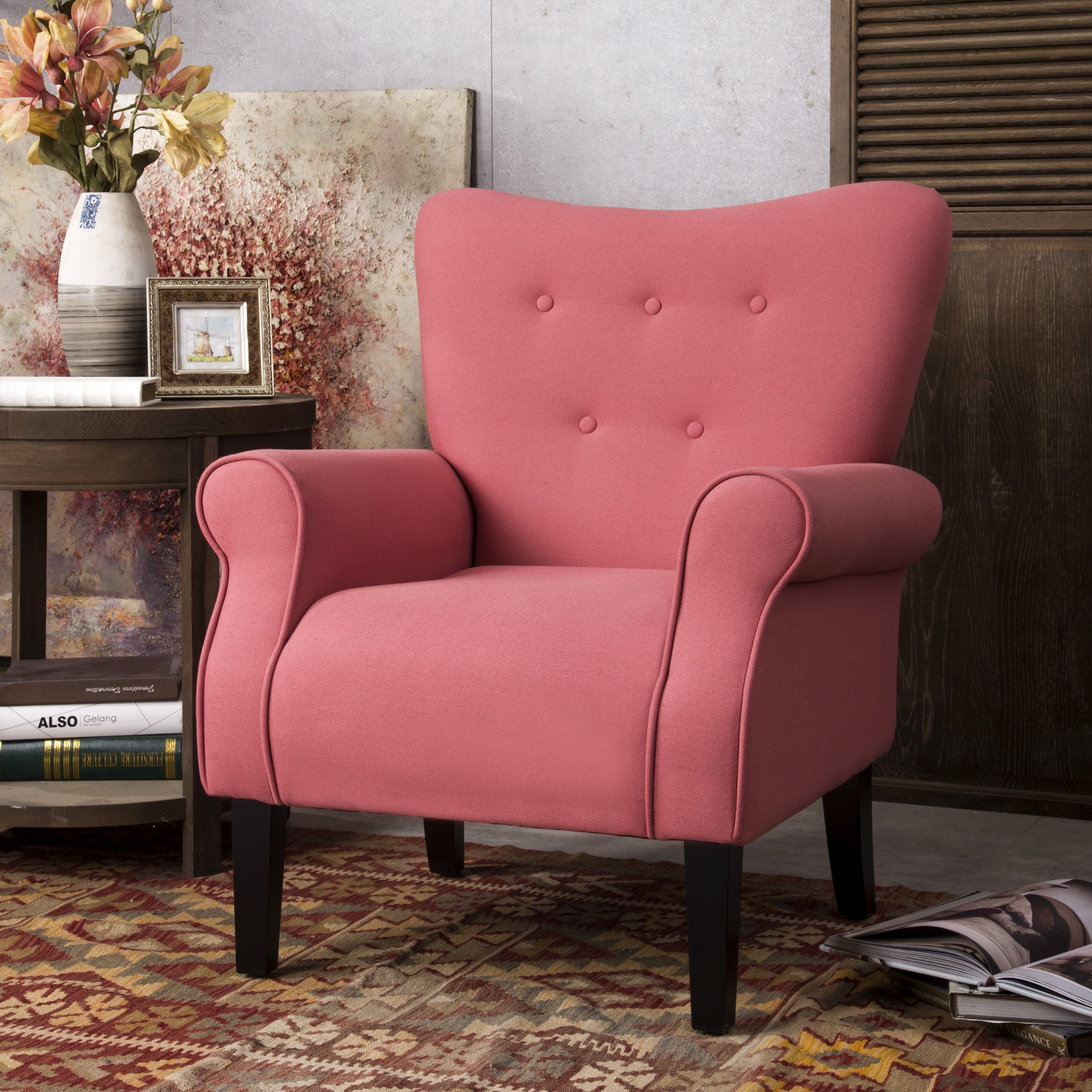 SYNGAR Living Room Chairs, Gray Accent Chair with Arms and Tufted Linen, Armchair Bedroom Chair