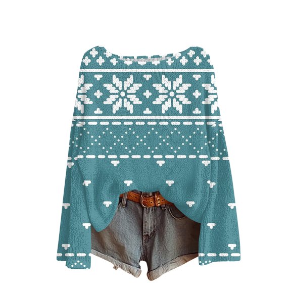 Women's Fashion Oversized Knitwear Long Sleeve Christmas Vintage Stripe Print Top Loose Fit Sweater for Holiday Fashion,Blue,L