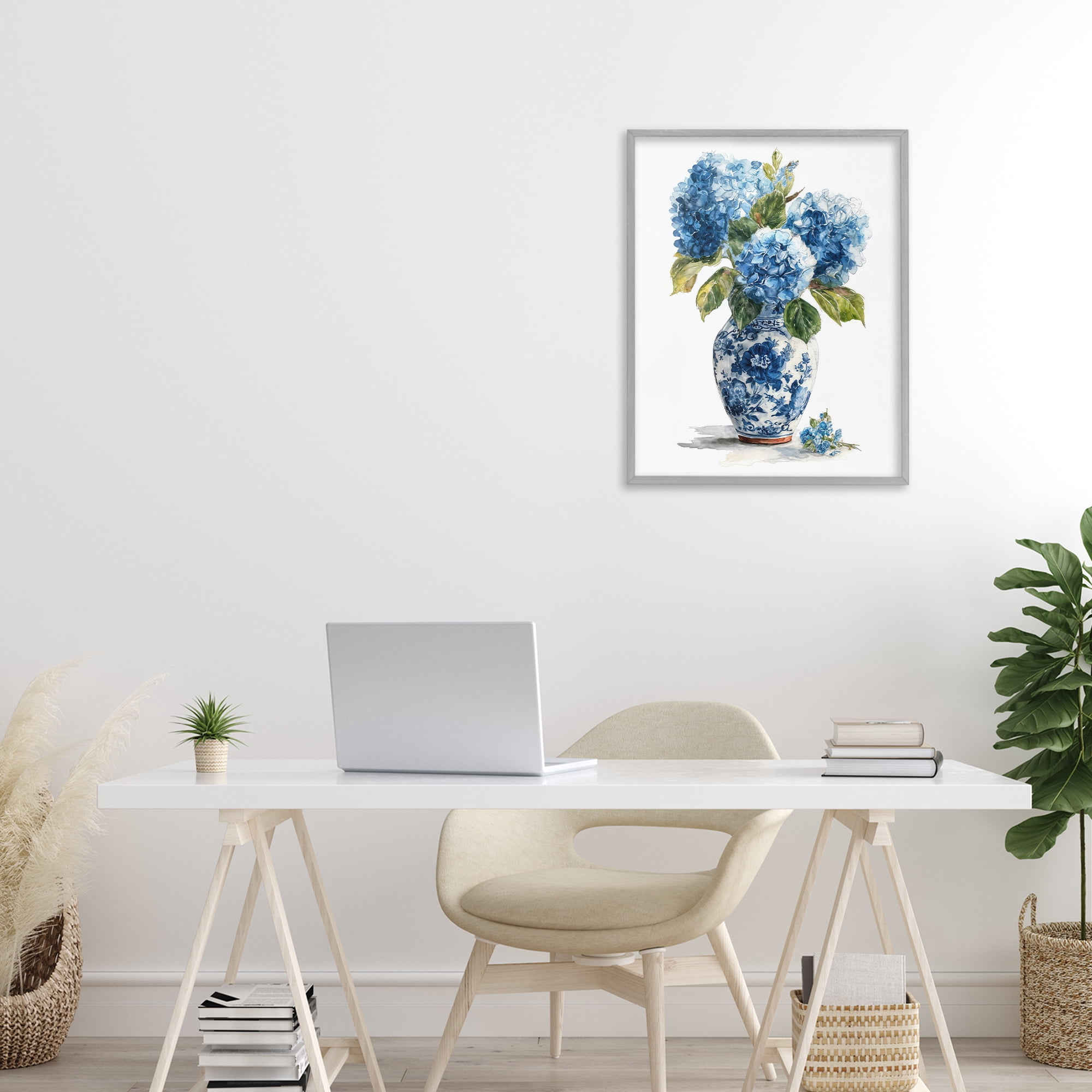 Stupell Industries Porcelain Vase with Hydrangea Bouquet Gray Framed Giclee Art, design by Imagine It Images