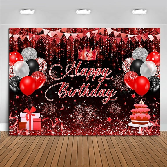 7x5FT Red and Black Birthday Backdrop Red Crown Happy Birthday Photography Background for Women Girls Red Black Balloons Birthday Party Decorations Banner Supplies Photo Booth Props