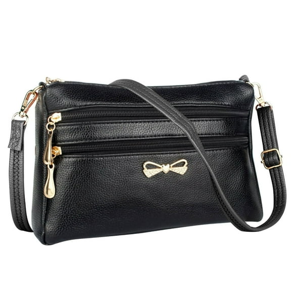 POINTERTECK Solid Leather Crossbody Bag Women Litchi Pattern Multi-layer Purse (Black)