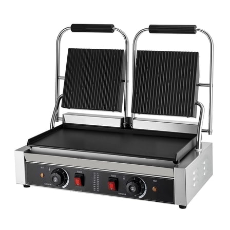 Commercial Panini Grill 3600W, Electric Sandwich Press, Stainless Steel Double Grill, Temp Control, 19x9in Flat Plate for Steak, Bacon