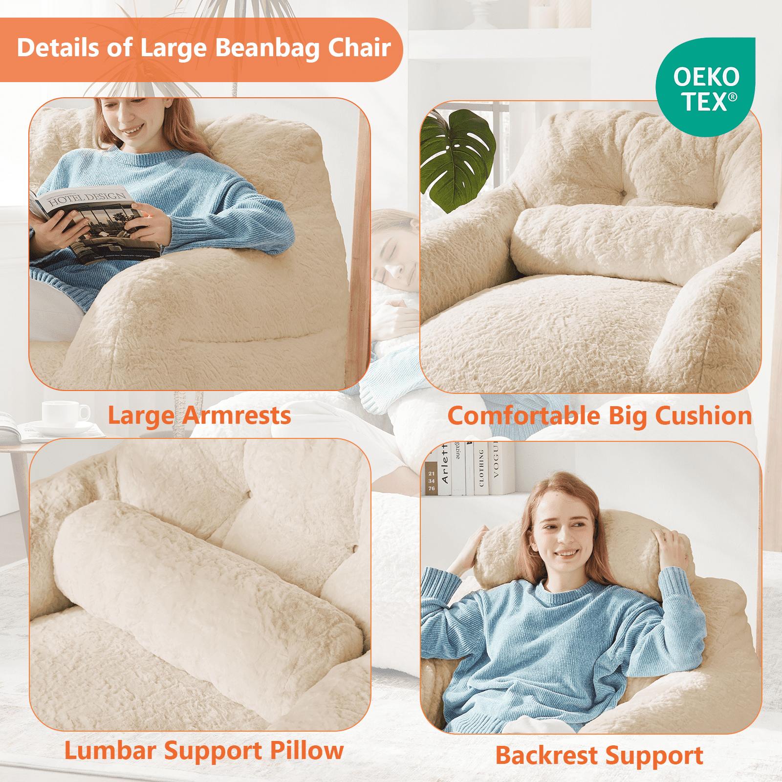 Ebenchico 3.8ft Oversized Bean Bag Chair for Adults Teens Kids, Beanbag Chairs with Pillow, Reading Gaming Relaxing Chair, Apricot