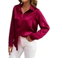 thumbnail image 2 of Blusas de Satén para Mujer, Camisas de Seda con Botones, Blusas Informales de Larga para Negocios Vino Tinto XXL, 2 of 7