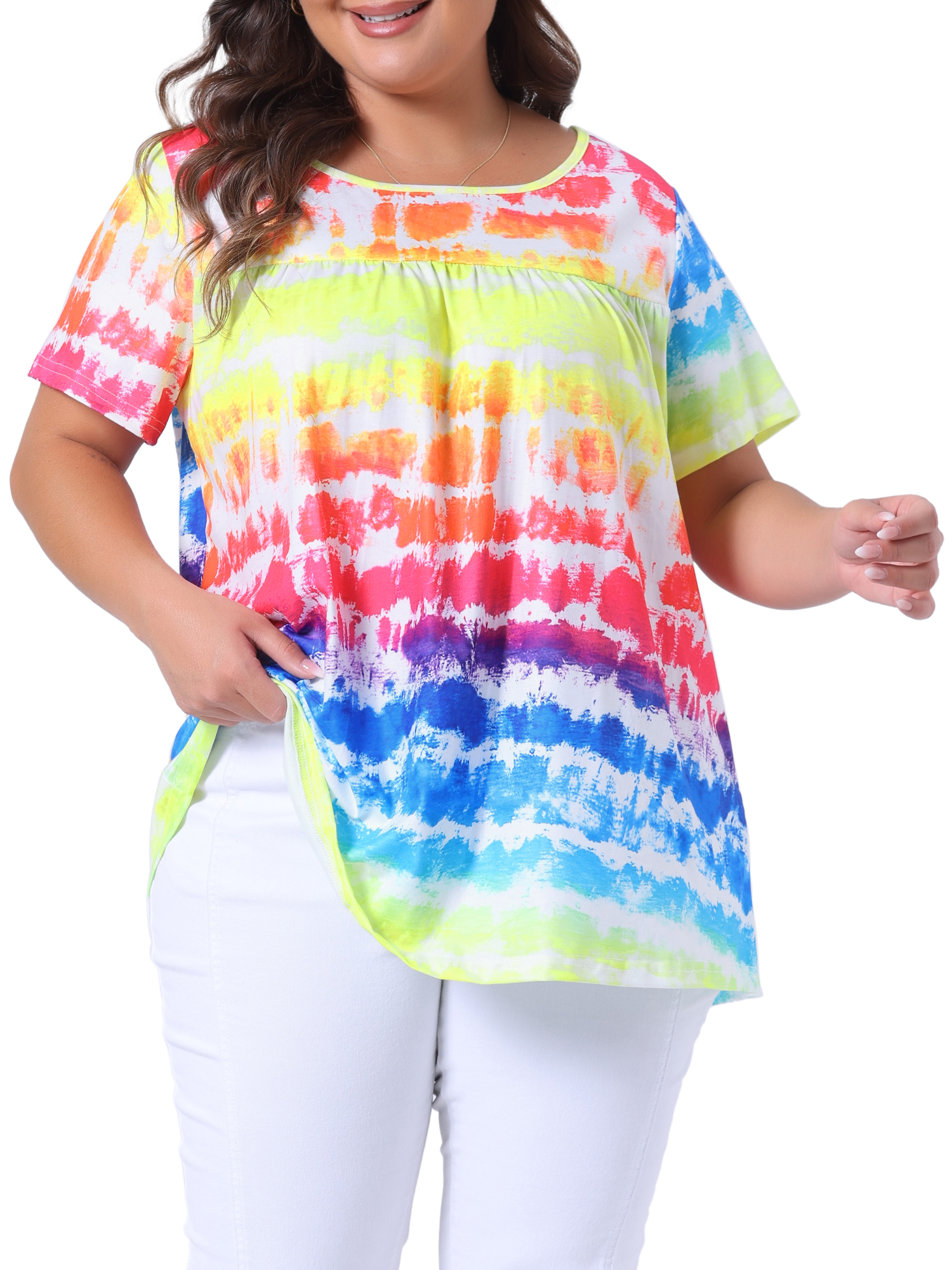DARING DIVA Women's Plus Pleated Front Casual Blouse 1X Rainbow