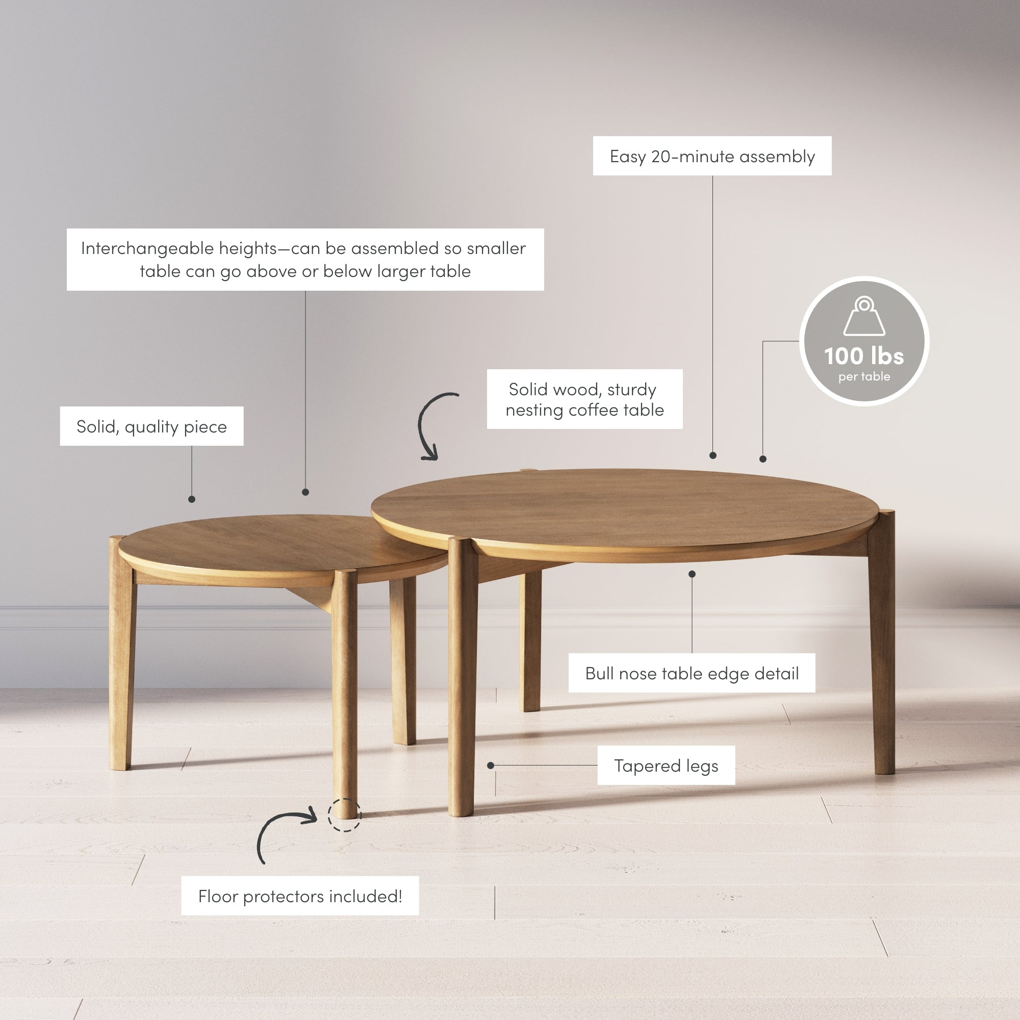 Nathan James Kendall Round Nesting Living Room Coffee Table Set of 2, Stalking Accent Tables with Wire Brushed Finish, Light Brown