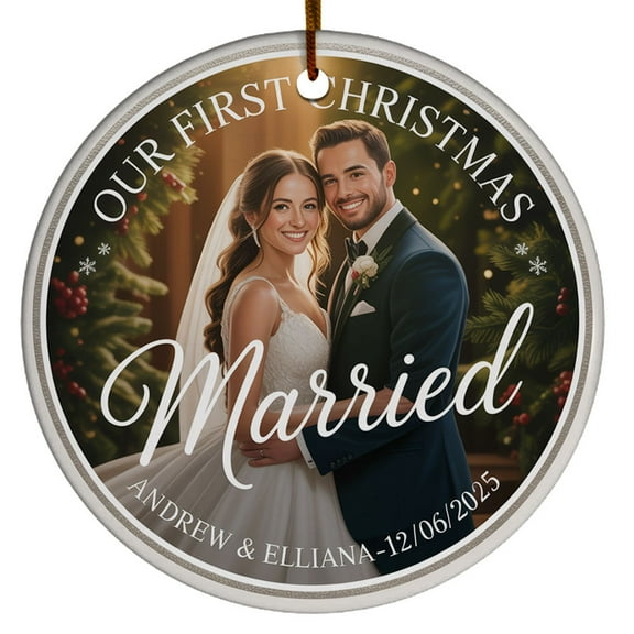 Our First Christmas Married Glass Ornament 2025, Photo Mr & Mrs Marriage Christmas Ornaments Gift for Wedding Anniversary