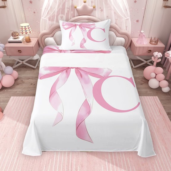 Erosebridal Girls Pink Bow Twin Sheet Sets, C Letter Bedding, Princess Style Bedroom Decor, 3pcs, 1 Flat Sheet, 1 Fitted Sheet and 1 Pillowcase