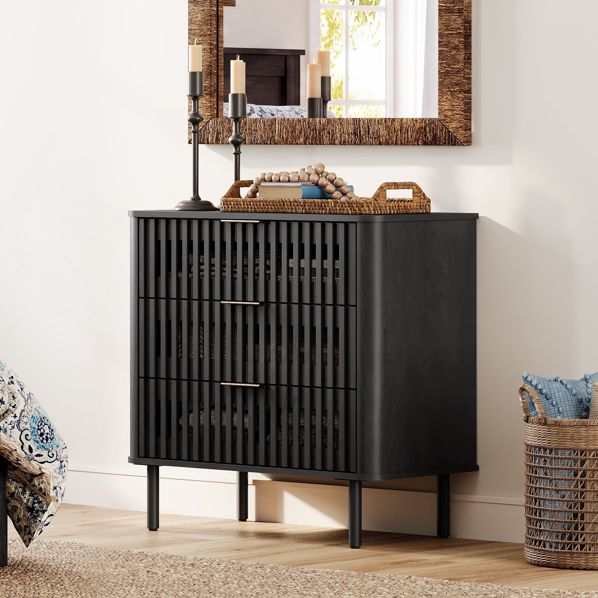 31.5"W Sideboard Buffet Cabinet with Storage, Fluted Kitchen Buffet Storage Cabinet with 3 Drawer, Large Coffee Bar Cabinet, Modern Buffet Table for Dining Living Room, Black