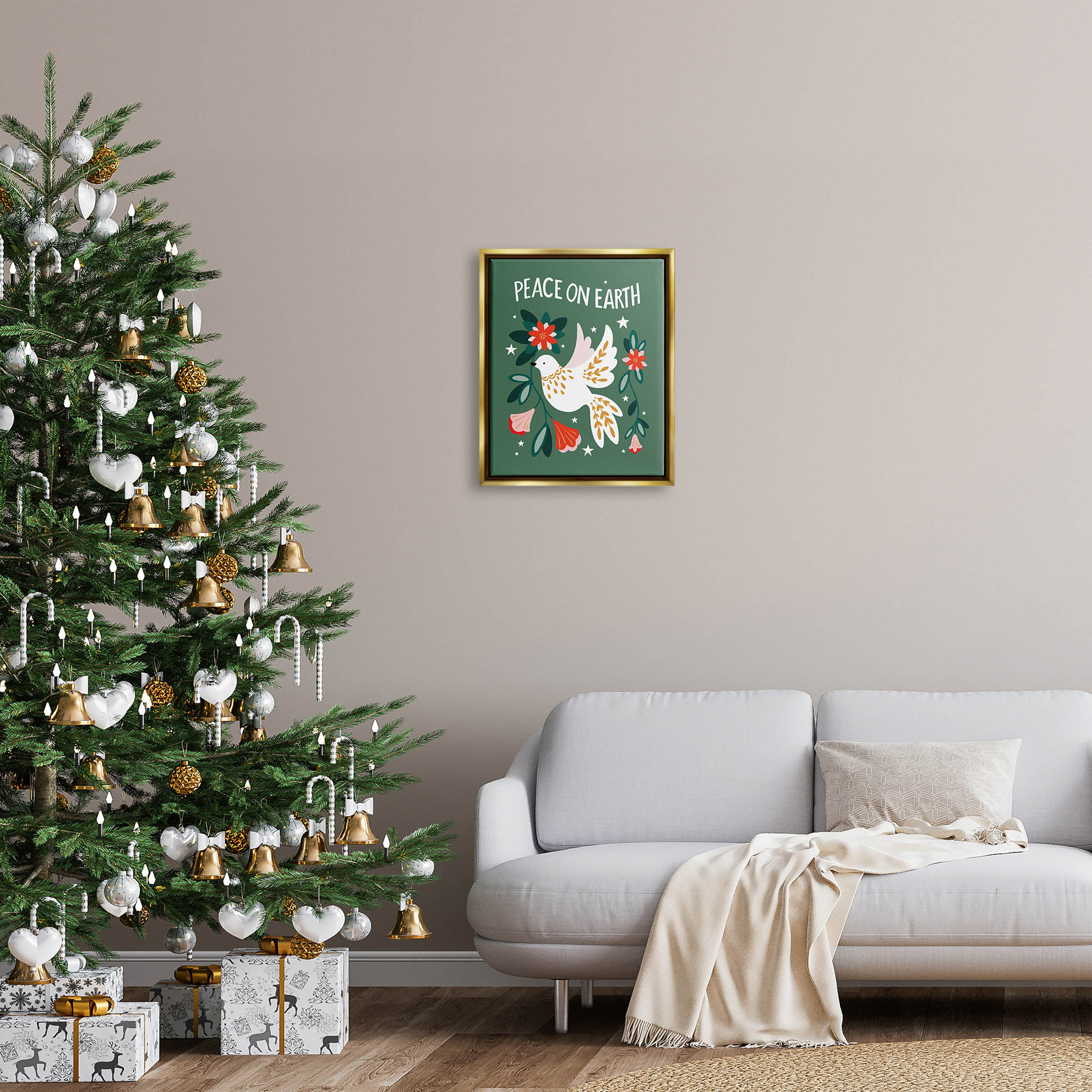Peace On Earth Floral Dove Blossoms Holiday Graphic Art Metallic Gold Framed Art Print Wall Art