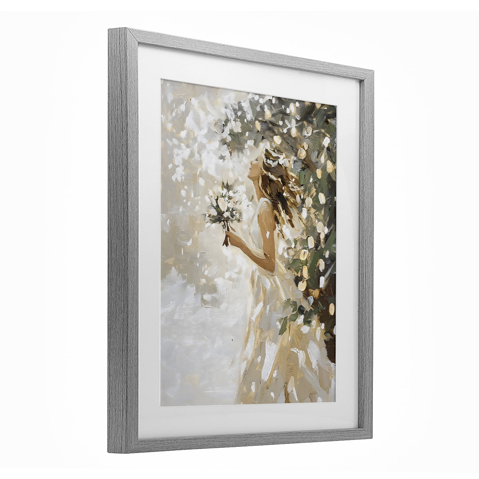 Soft White Snow Flurry Gray Framed Print Under Glass, design by LSR Design Studio