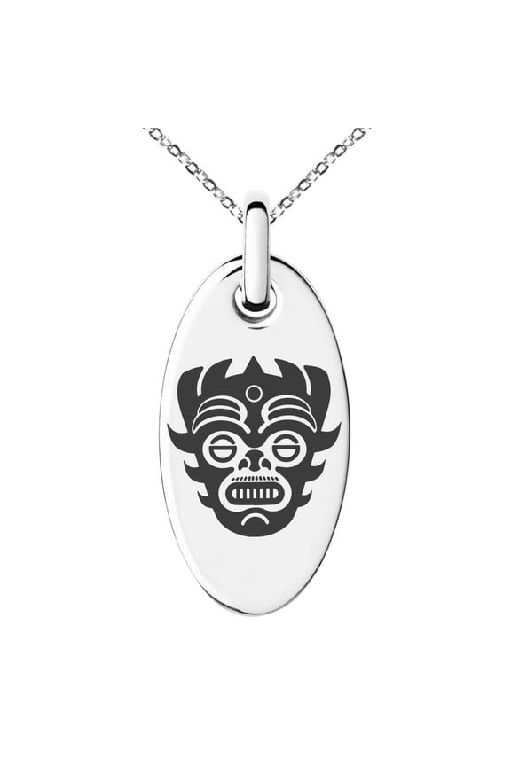 Stainless Steel Aztec Warrior Mask Rune Engraved Small Oval Charm Pendant Necklace