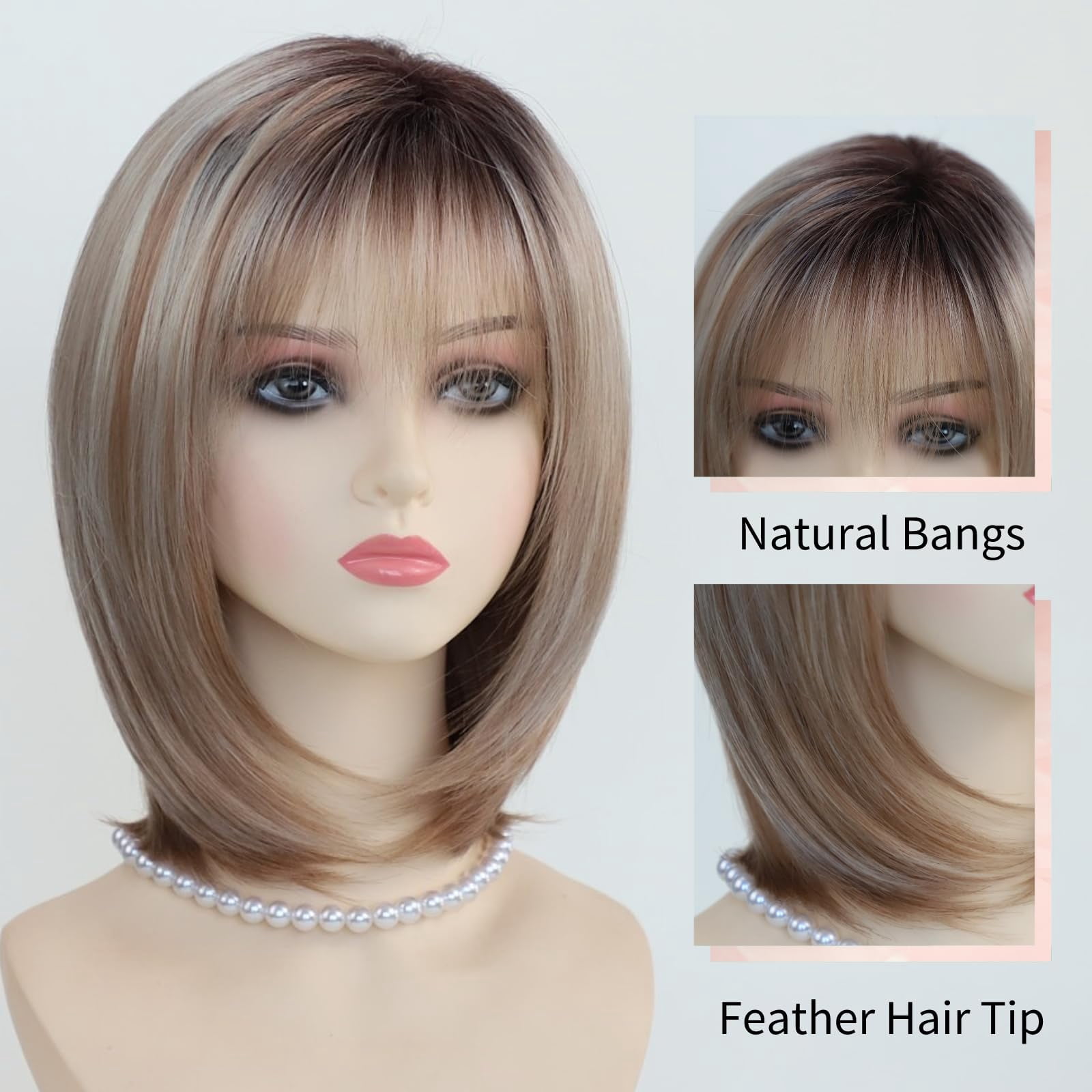 Layered Blonde Balayage Bob Wig for Women Medium Length Straight Synthetic Hair with Bangs Ombre Platinum Brown