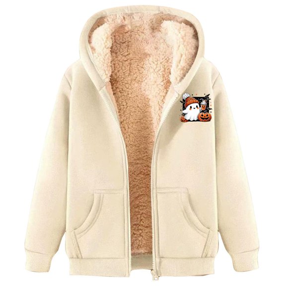 Womens Hoodies Halloween Unisex Festive Print Zip Up Sweatshirt Long Sleeve Pullover Tops With Pockets Fleece Lined Warm Soft Beige L