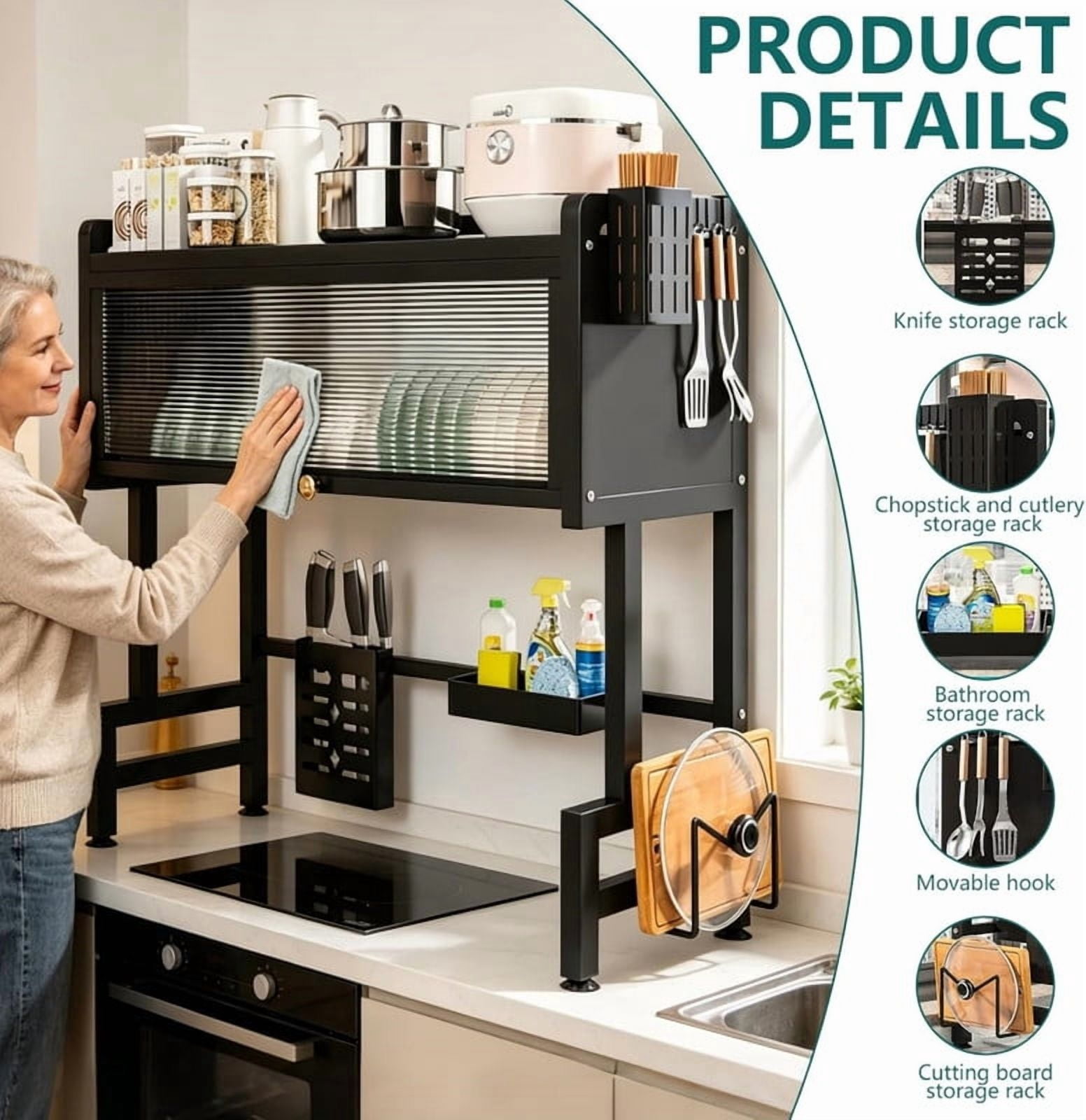 Over The Sink Dish Drying Rack, 3-Tier Carbon Steel Kitchen Storage Cabinet with Cover, Heavy-Duty Large Capacity Dish Drain Shelf for Kitchen Sink Organization