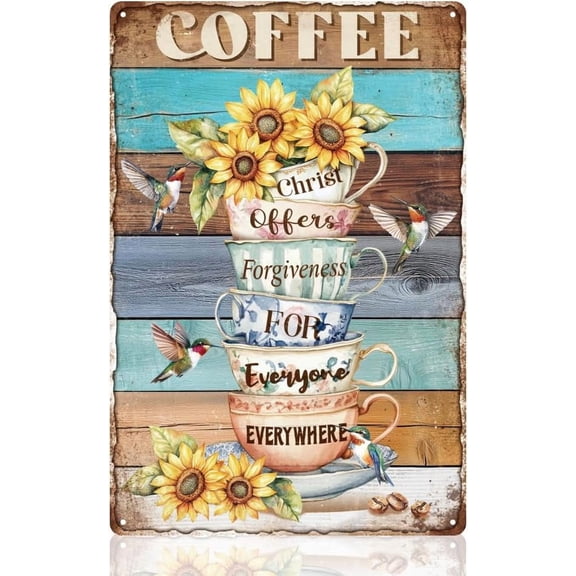 Colorful Coffee Cup Sunflower Wall Decor Sign, Christ Offers Forgiveness for Everyone Everywhere Wall Art, Metal Tin Poster for Home Kitchen Cafe Bar Wall Decor Gift 8 x 12 Inch
