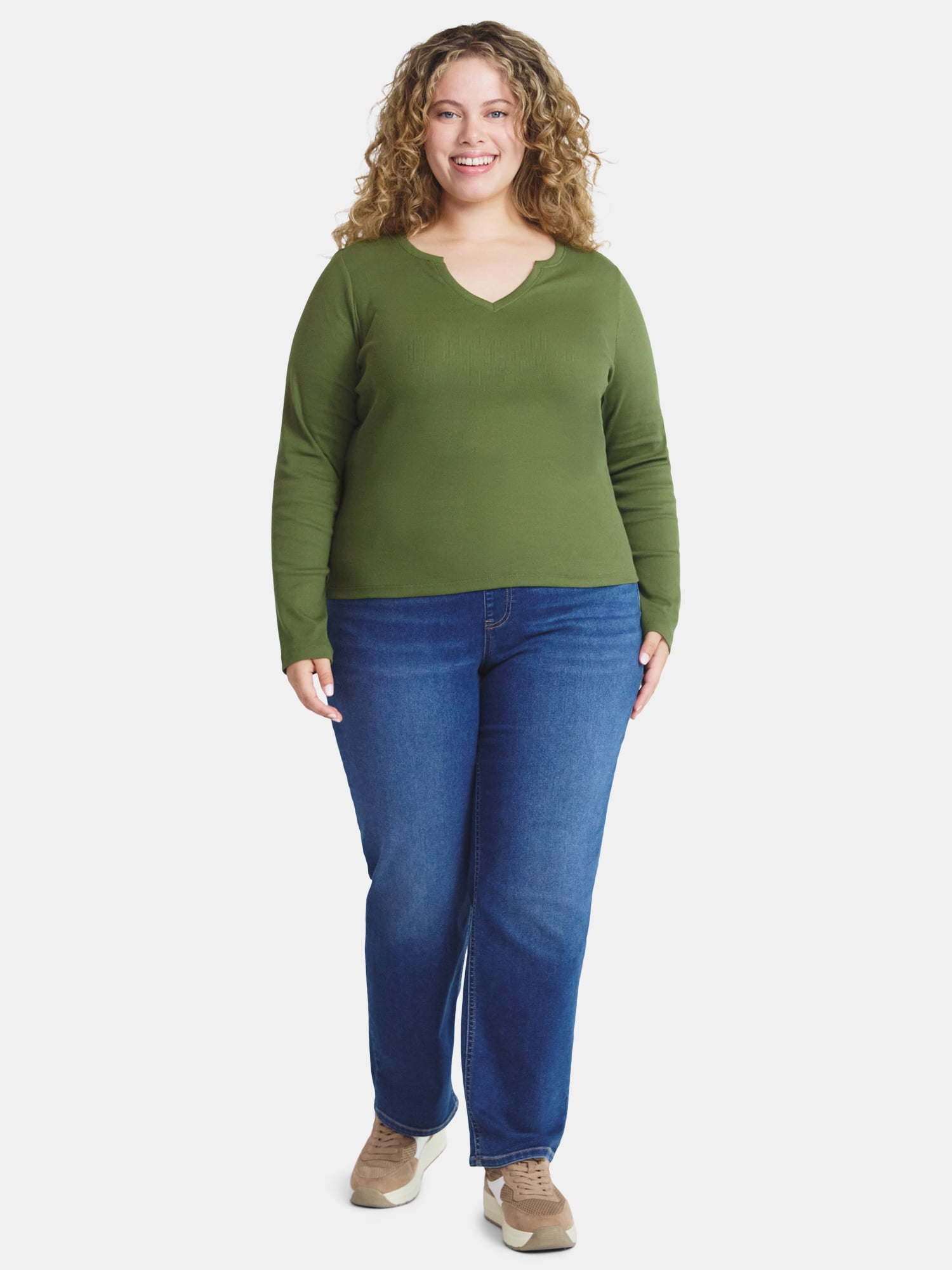 Terra & Sky Women's Plus Long Sleeve Notch Neck Top