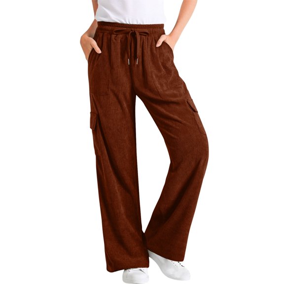 PFRNLF Womens Corduroy Pants Casual High Waisted Elastic Drawstring Cargo Loose Fit Wide Leg Pants with Pockets