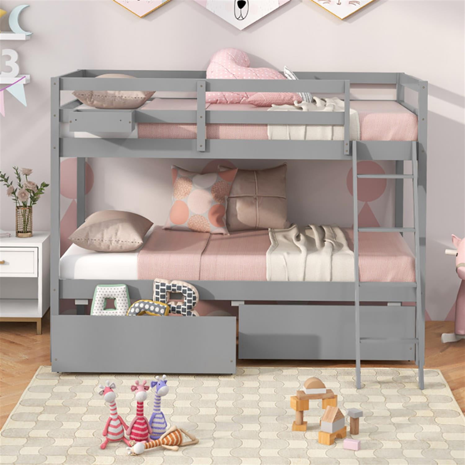 Demi Bonn Twin Over Twin Bunk Bed with 2 Storage Drawers and Ladder, Twin Bunk Beds, Wood Bed Frame No Box Spring Needed, Gray