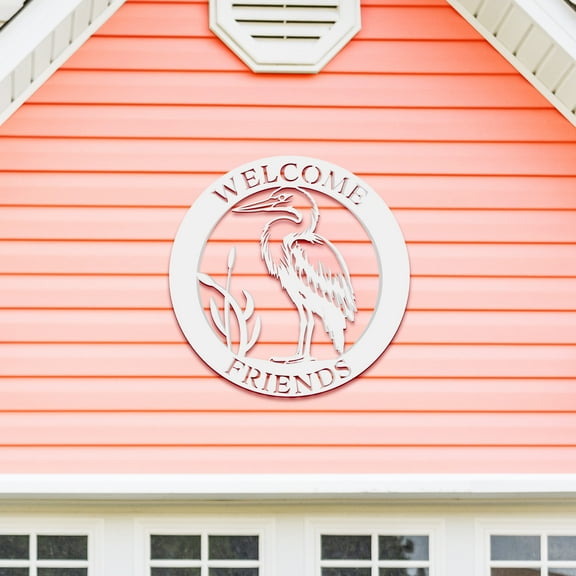 Outdoor Beach Sign Welcome Friends – Round Egret Wall Art for Beach House, Coastal Cottage & Vacation Home – Weatherproof PVC for Entryway and Porch, 2 Foot