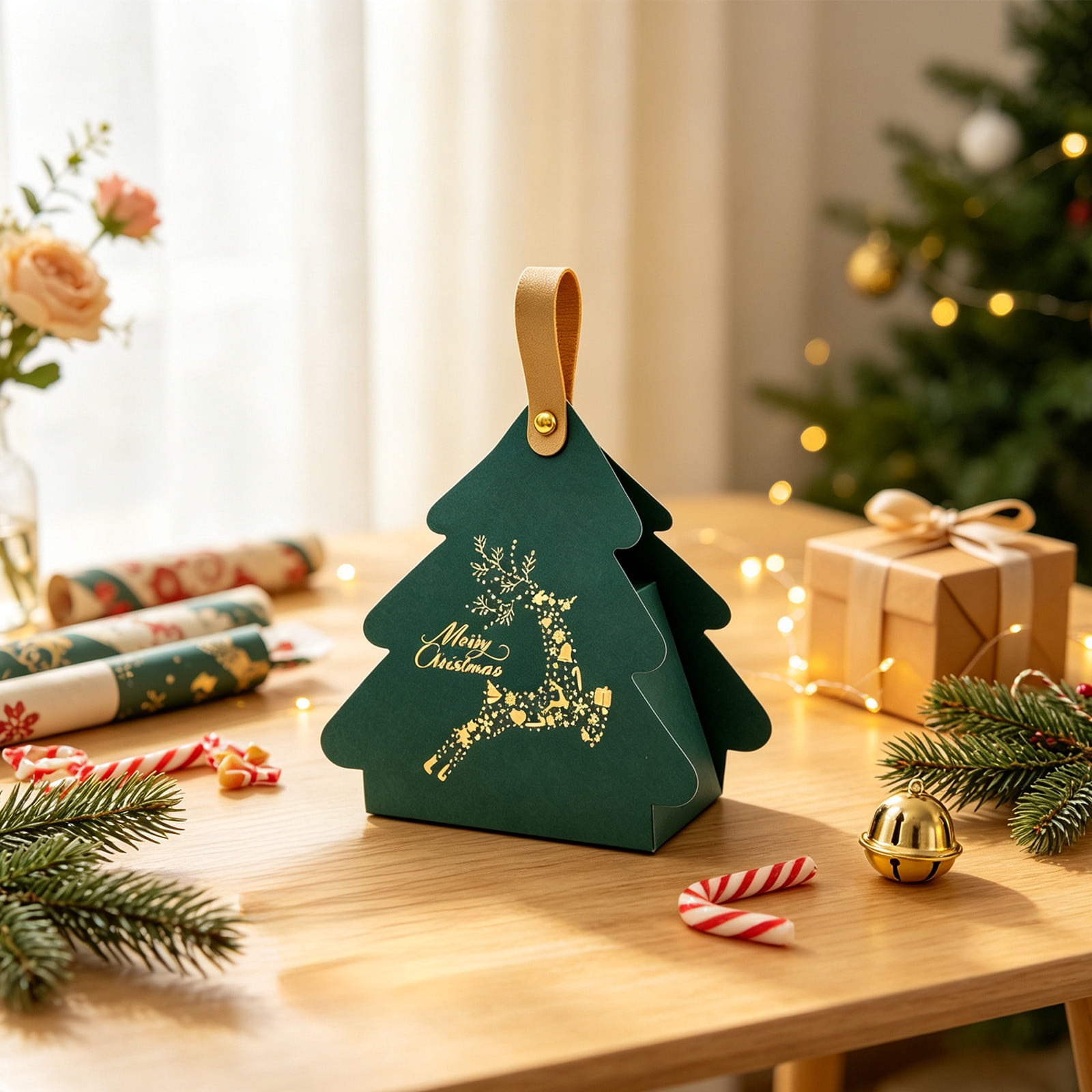 Festive Foldable Christmas Tree Shaped Cardboard Gift Box with Gold Hot Stamping Green Candy Packaging Pouch with Faux Leather Handle Xmas Party Favor Present Bag