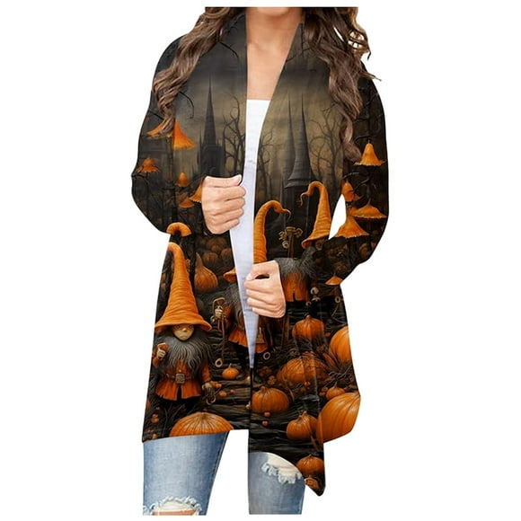 VBARHMQRT Orange Cardigan Women Ladies' Fashion Casual Themed Printed Casual Shirt Cardigan Jacket Long Sleeved Top Cardigan Shirt Jacket Cardigan