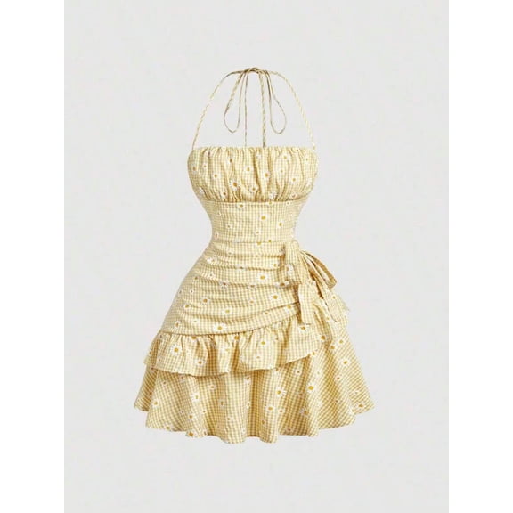Yellow 2 Gingham Daisy Print Ruched Halter Dress With Tiered Ruffle Skirt